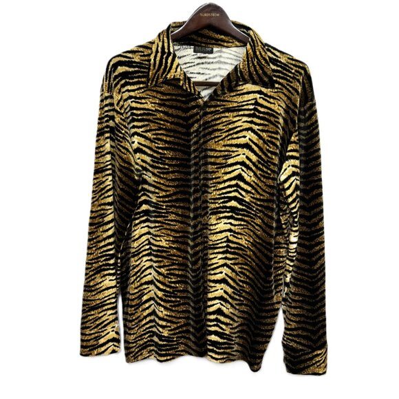 70's Style Velveteen Blk Tan Zebra Print Shirt Vtg Y2K - Picture 1 of 9